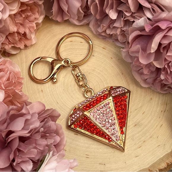 Red and Pink Crystal Gold Accented Diamond Keychain Charm - Picture 5 of 14